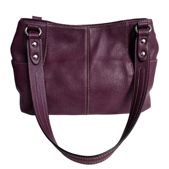 Purple Leather Purse Tignanello Pebbled Handbag Silver Tone Double Handle - Picture 2 of 13